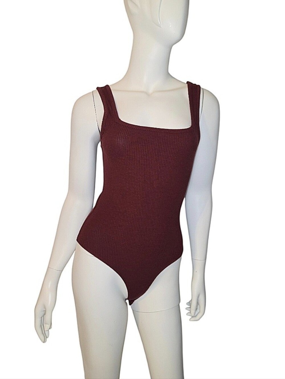 Square Neck Ribbed Bodysuit in Maroon Size M